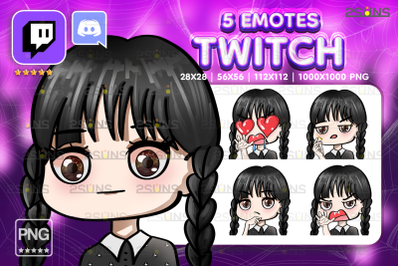 Chibi Gothic Girl twitch emotes package, Discord dark schoolgirl