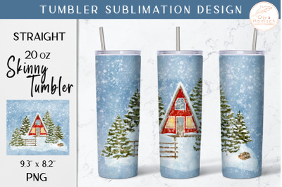 Winter House Tumbler Sublimation. Watercolor Christmas Tumbler Wrap