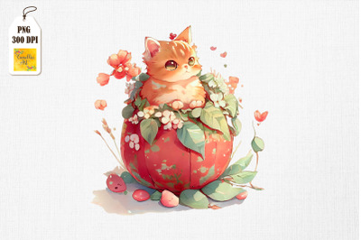 Watercolor Cute Cat in Egg With Flowers