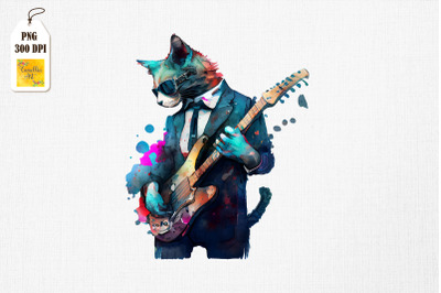 Watercolor Cat in Suit Playing Guitar