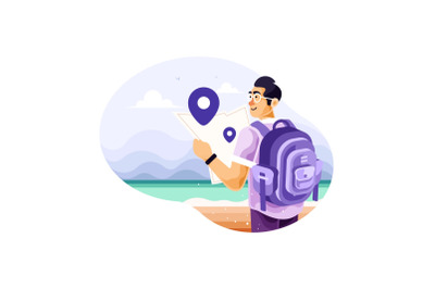 Man Backpacker Traveler Alone With a Maps Vector Illustration