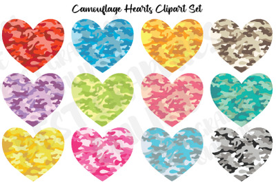 Camouflage Hearts Clipart Set, Valentine Camo Heart Clip Art