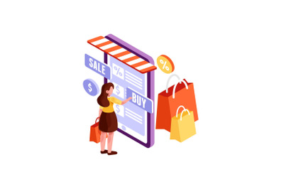 Isometric Woman making Online Shopping Illustration