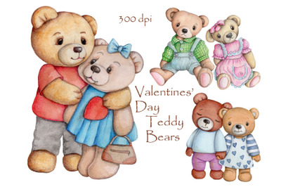 Valentine&#039;s Day. Teddy Bears Couples. Watercolor.