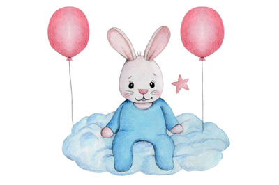 Cute Bunny the Rabbit on cloud. Watercolor baby art.