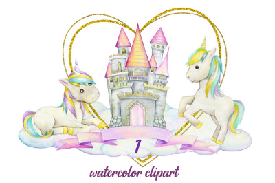Unicorn Watercolor clipart, frame clip art , Magic unicorn graphics, c