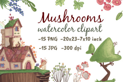 Mushrooms House Forest Watercolor Clipart Fairytale Woodland Plants Vi