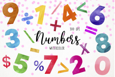 Watercolor Numbers Clipart, Algebra Clipart, Arithmetic Clipart