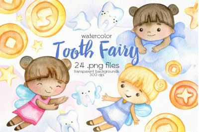 Watercolor Tooth Fairy Clipart - PNG Files