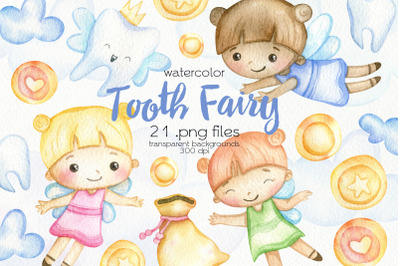 Watercolor Tooth Fairy Clipart - PNG Files