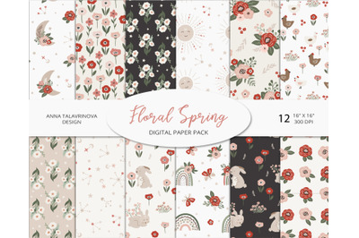 Floral Boho Spring neutral digital paper pack, seamless pattern