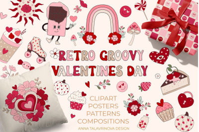 Retro Groovy Valentines Day pattern and clipart