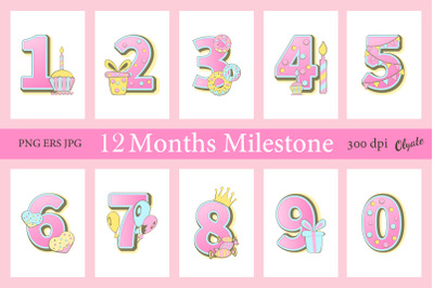 12 Months Baby Milestone. Numbers PNG.Milestones Sublimation
