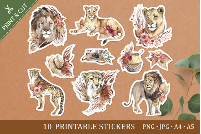 10 Stickers Safary Cats | Printable cutting Animals DIY PNG
