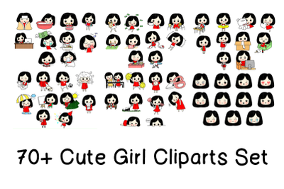 Cute Little Girl Doing Activities Clipart Set of 70+ Cliparts