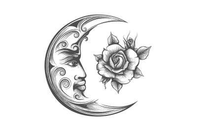 Crescent Moon and Rose Flower Esoteric Symbol Illustration