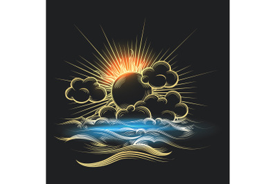 Golden Sun and Sea on Black Background Engraving Illustration