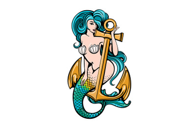 Mermaid Sitting on Ship Anchor Colorful Tattoo