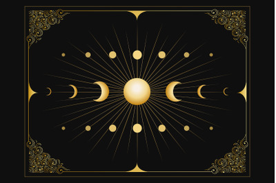 Phases of Moon Medieval Esoteric Emblem on Black Background