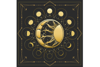 Sun and Crescend Moon with Phases Medieval Astrological Emblem