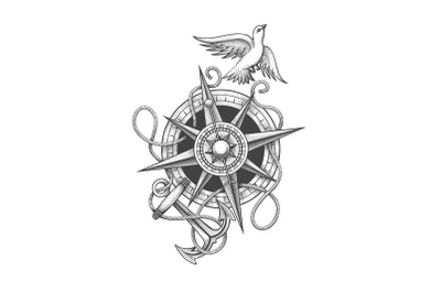 Dove Flying Above Compass and Anchor with Ropes Engraving Tattoo