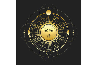 Esoteric Symbol of Sun with Phases of Moon and Stars Illustration Illu