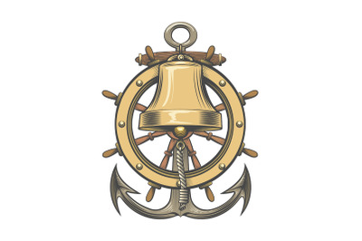 Hand Drawn Tattoo of Ship Bell with Steering Wheel and Anchor