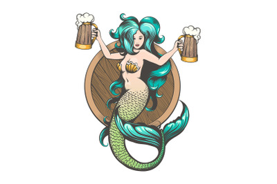 Mermaid With Mugs of Beer Tattoo Illustration