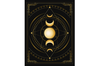 Phases of Moon and Sacred Geometry Illustration on Black Background