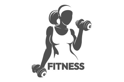Fitness Emblem with athletic girl holds dumbbell