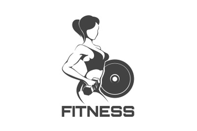 Fitness Emblem with Girl Holds Dumbbell and Barbell Plate