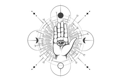 Human Palm with All seeing Eye on Sacred Geometry Background Esoteric