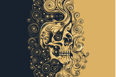 Human Skull Emblem Swirls Ornament colored Design