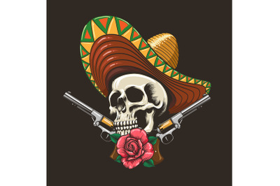 Skull in sombrero and two Pistols Illustration