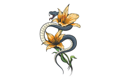 Snake in Orchid Flowers Colored Tattoo isolated on white