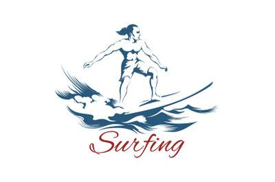 Surfing Emblem with Surfer Riding on a Board
