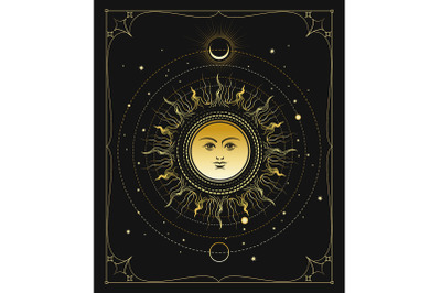 Symbol of Sun with Moon and Stars Astrological Esoteric Illustration