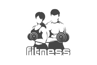 Fitness Logo with Training Bodybuilders Isolated on White