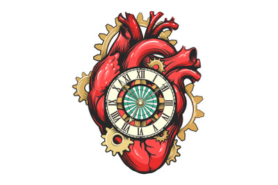 Mechanical Heart with Clock face and Gears Tattoo