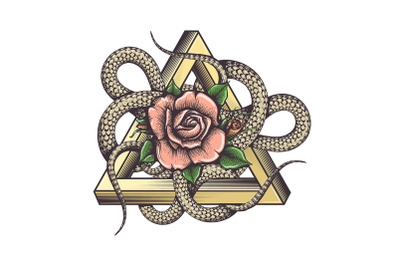 Rose and Snakes inside Triangle Esoteric Tattoo