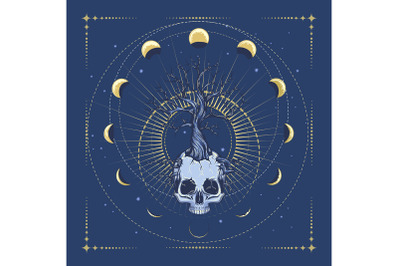 Tree Growing from a Skull and Moon Phases Medieval Esoteric Illustrati