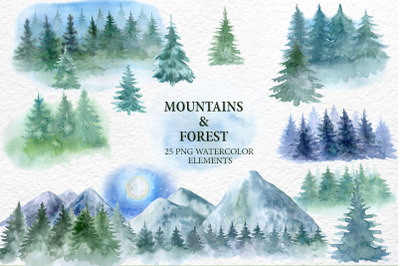 Watercolor Forest tree Clipart. Landscapes