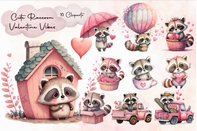 Cute Valentine Raccoon Cliparts Bundle