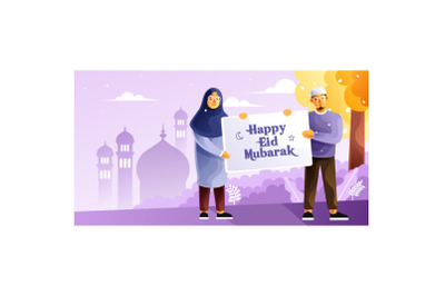 Muslim couples hold a banner happy Eid Mubarak