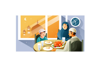 Muslim family enjoy Iftar meal in Ramadan