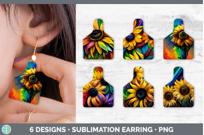 Rainbow Sunflower Cow Tag Earring | Sublimation Cattle Ear Tag