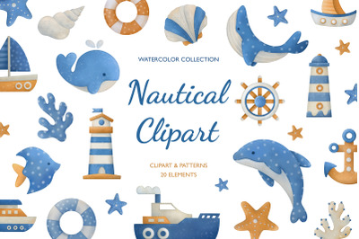 Nautical clipart set. Watercolor Cliparts &amp; Patterns.
