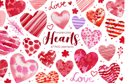 Watercolor Hearts Clipart. Valentines day.