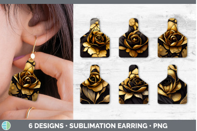 Black and Gold Rose Cow Tag Earring | Sublimation Cattle Ear Tag