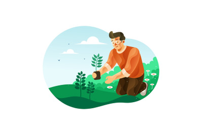 Man planting trees for greening illustration